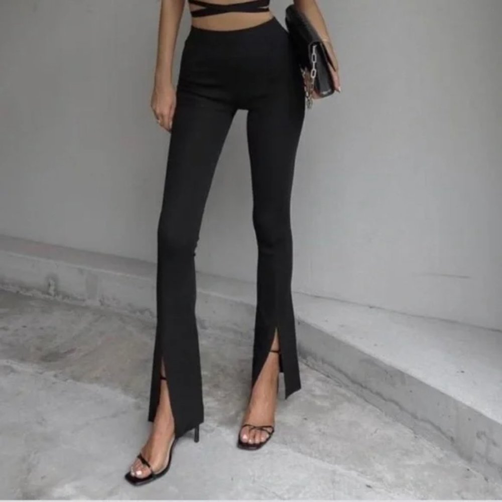 ZARA High Rise Full Length Front Slit Ribbed Legging Pants Blogger Favorites L